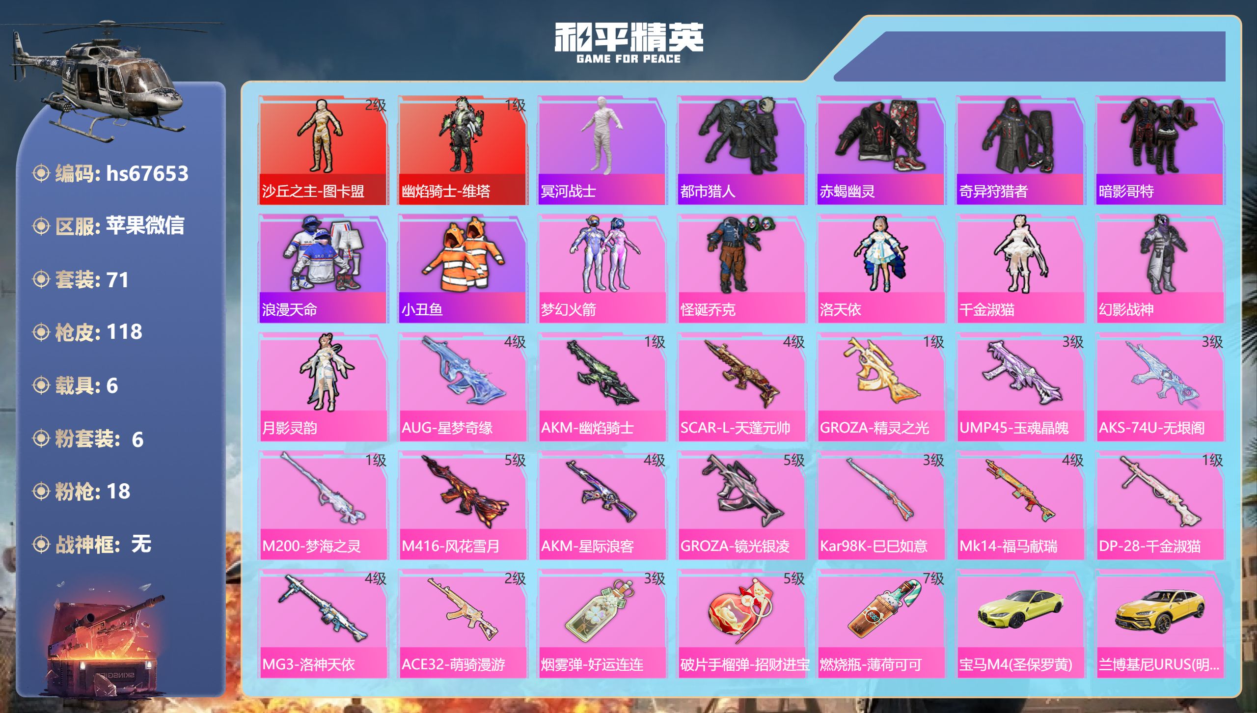 和平精英账号苹果微信hs67653 苹果微信-8王牌印记-2红装-6粉装-18特效枪-6载具-54373热力值-71套装
