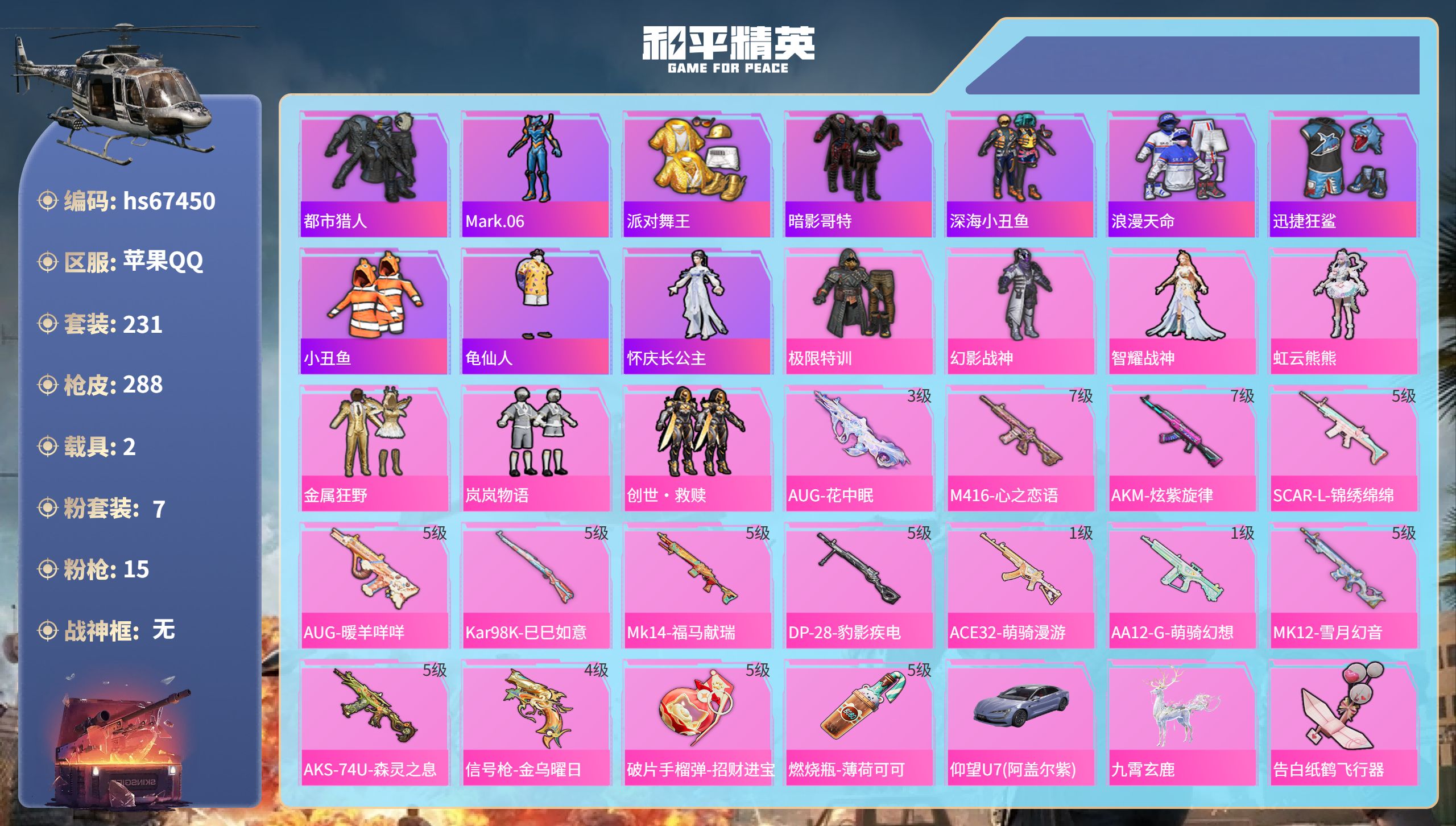 和平精英账号苹果QQhs67450 苹果手Q-16王牌印记-7粉装-15特效枪-2载具-92093热力值-231套装-2