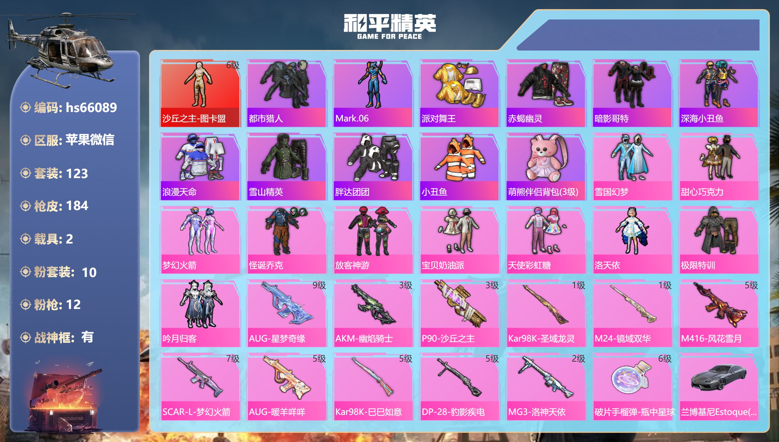 和平精英账号苹果微信hs66089 苹果微信-12王牌印记-有战神框-1红装-10粉装-12特效枪-2载具-84492热
