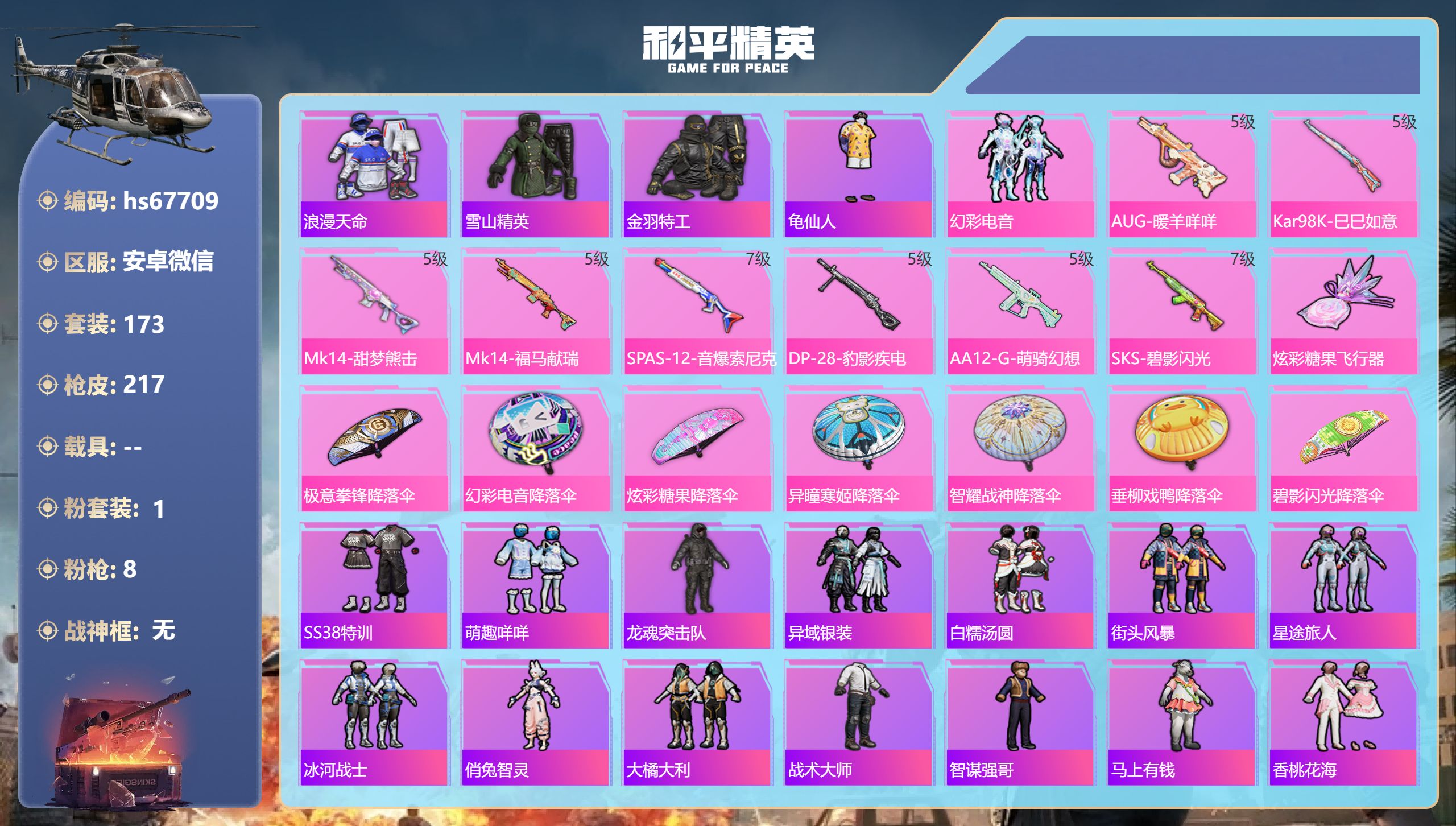 和平精英账号安卓微信hs67709 安卓微信-18王牌印记-1粉装-8特效枪-63213热力值-173套装-217枪皮
