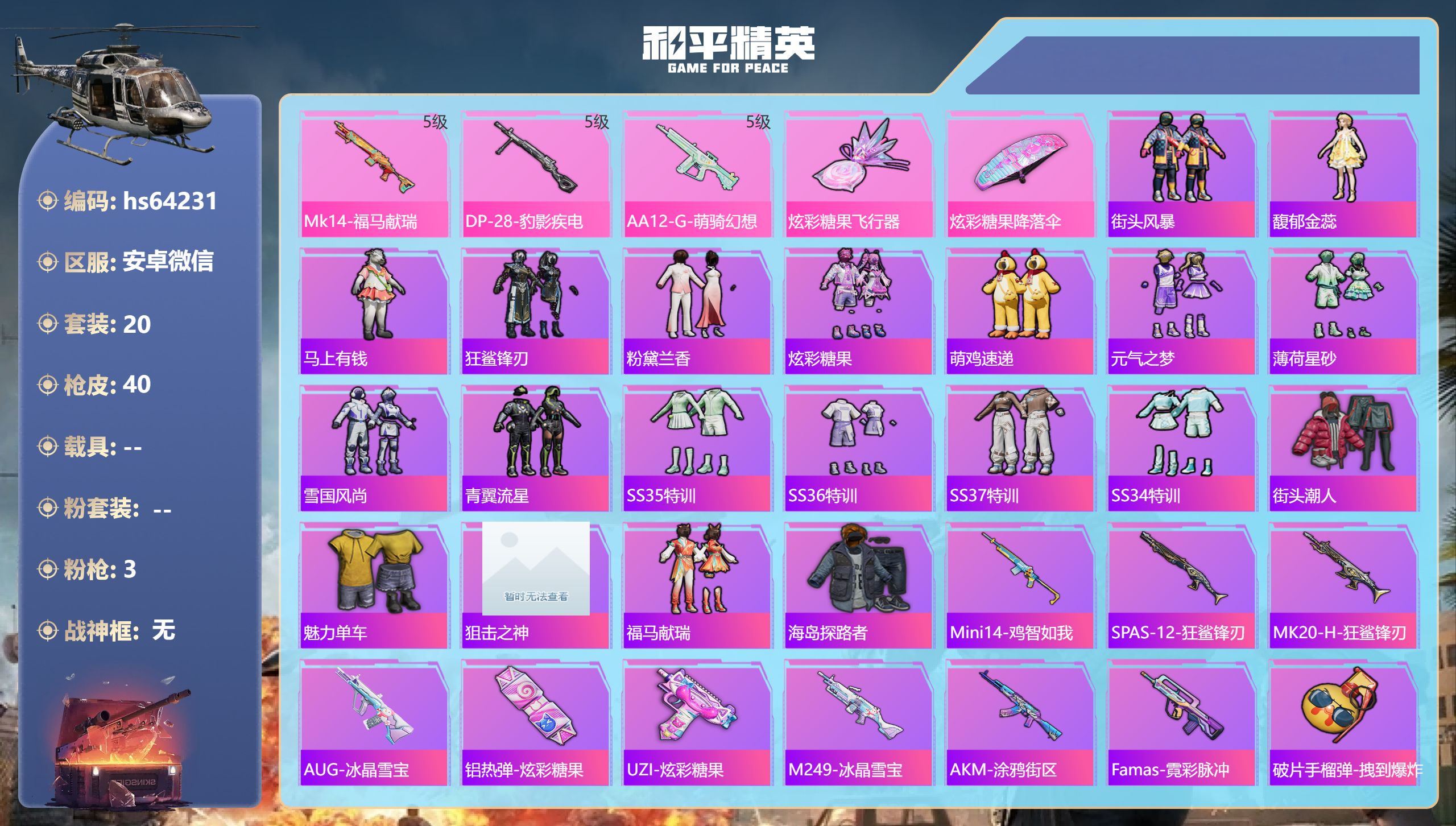 和平精英账号安卓微信hs64231 安卓微信-1王牌印记-3特效枪-9990热力值-20套装-40枪皮
【3特效枪】DP