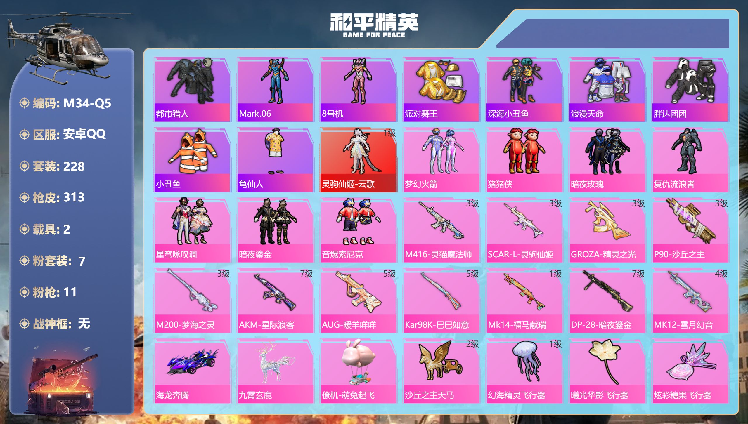 和平精英账号安卓QQ2载具-228套装-313枪皮-1红装5稀有2载具7粉装11特效枪21热门228套装313枪皮 热力值 15印记 历史绝世王牌18星 【1红装】 灵驹仙姬-云歌 (1级) 【5稀有】 AKM-缤纷海域