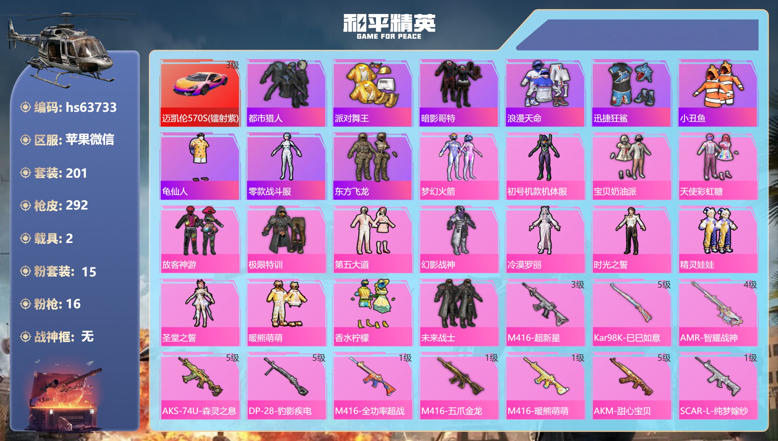 和平精英账号苹果微信2载具-201套装-292枪皮-hs63733 苹果微信-15王牌印记-15粉装-16特效枪-2载具