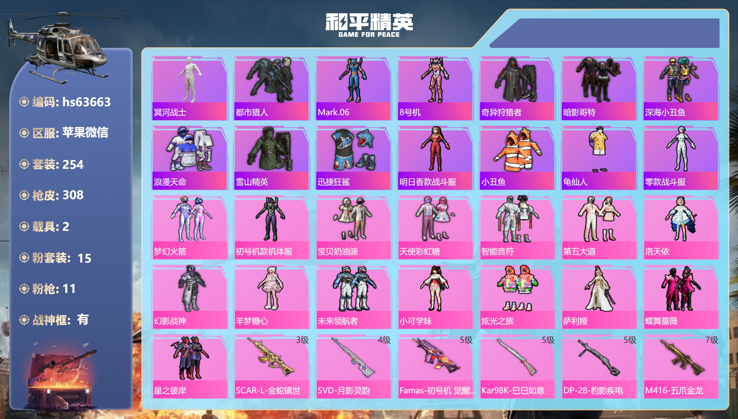 和平精英账号苹果微信2载具-254套装-308枪皮-hs63663 苹果微信-17王牌印记-有战神框-15粉装-11特效