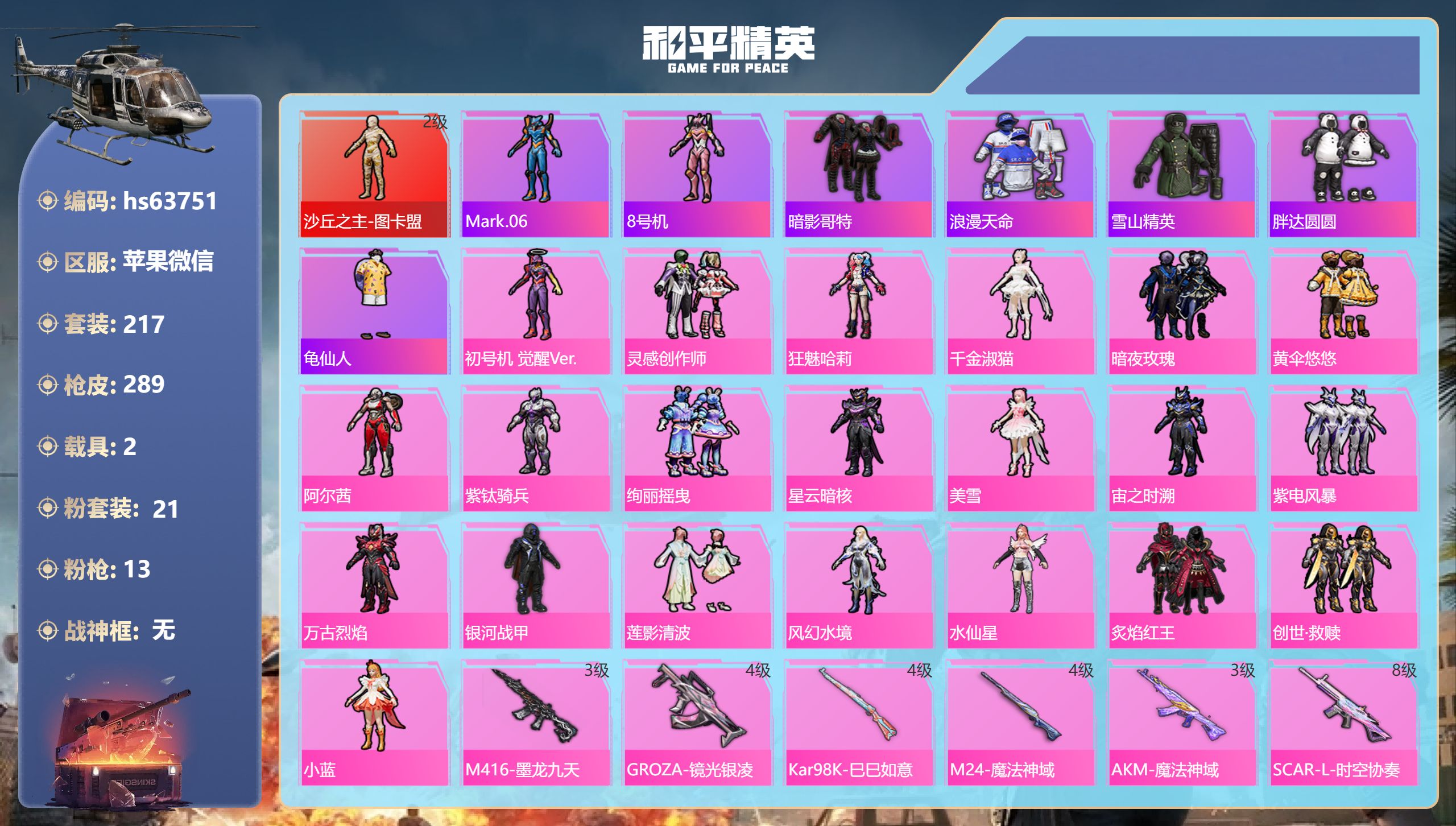 和平精英账号苹果微信2载具-217套装-289枪皮-苹果微信-11王牌印记-1红装-21粉装-13特效枪-2载具-942