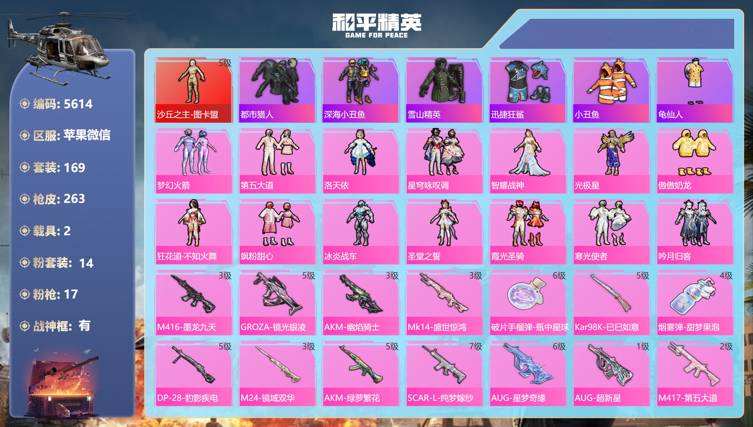 和平精英账号苹果微信DB5614 苹果V区 不可改游戏实名可转区 战神框 14印记2绝世 48点地铁天赋 1红14粉17