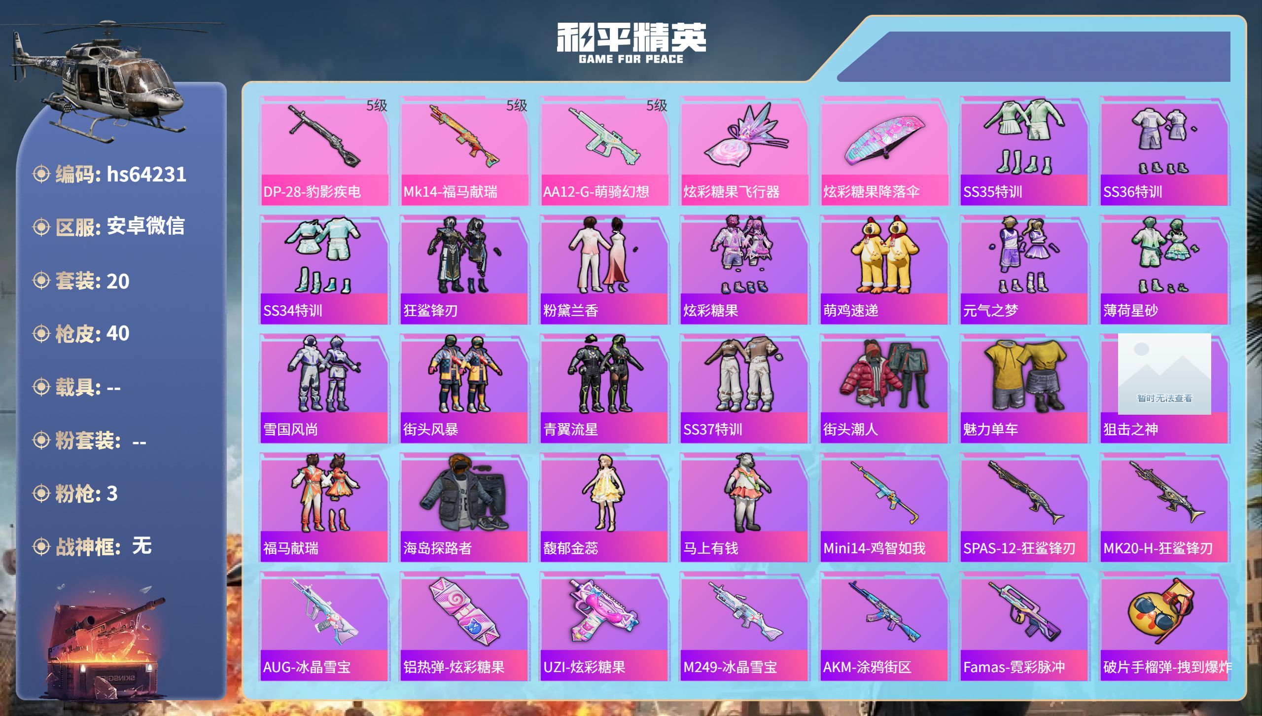 和平精英账号安卓微信hs64231 安卓微信-1王牌印记-3特效枪-9990热力值-20套装-40枪皮
【3特效枪】DP