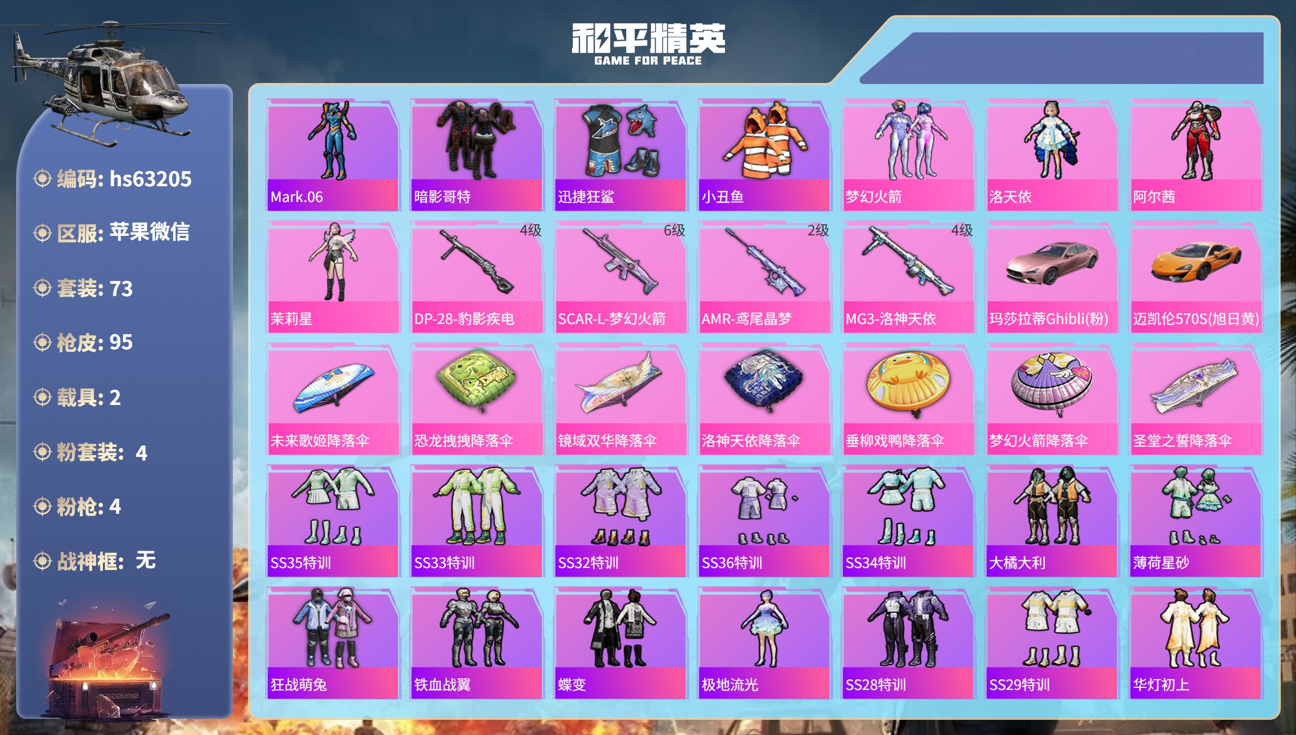 和平精英账号苹果微信hs63205 苹果微信-4王牌印记-4粉装-4特效枪-2载具-30576热力值-73套装-95枪皮