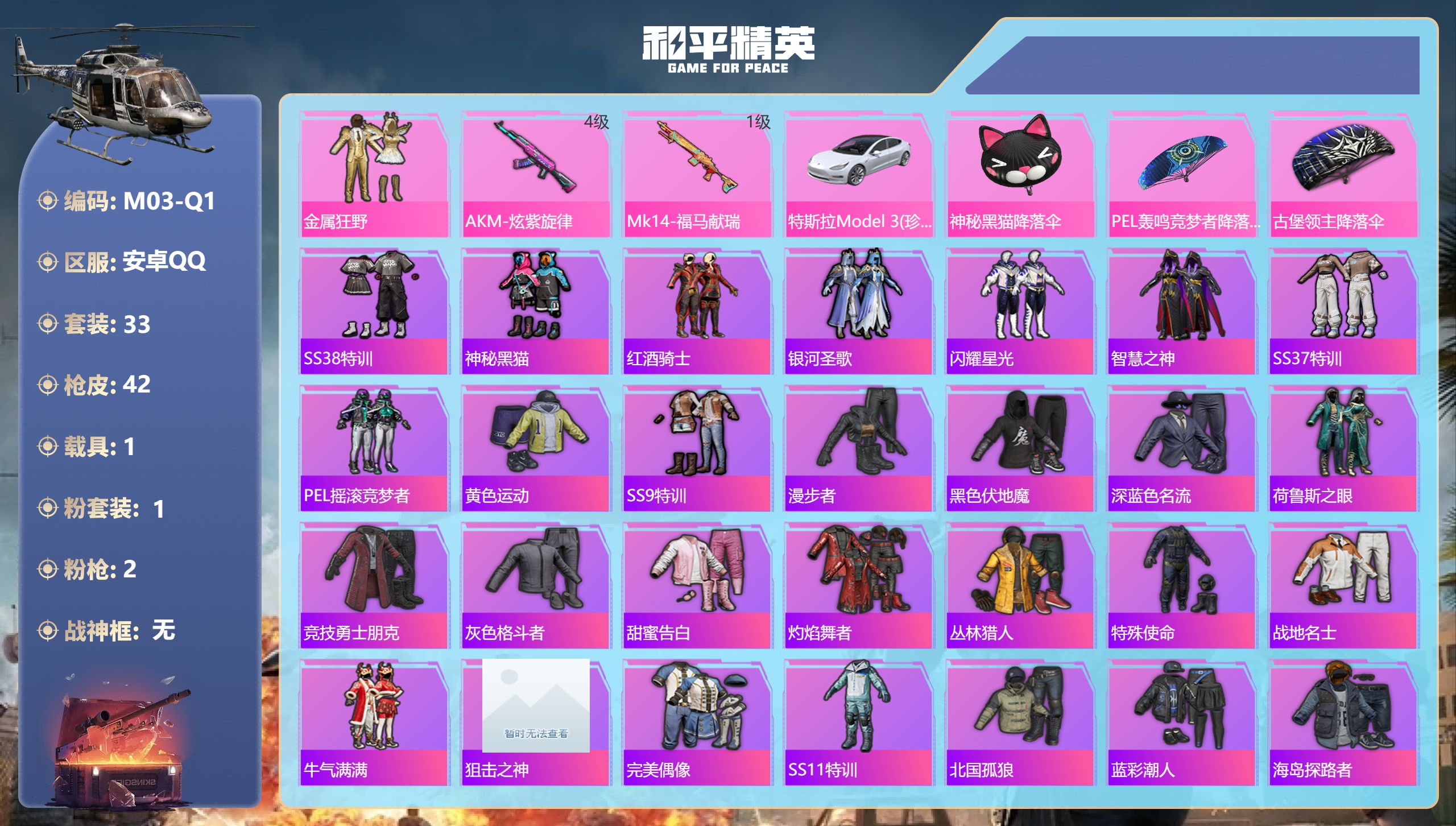 和平精英账号安卓QQ1载具-33套装-42枪皮-1载具1粉装2特效枪5热门32套装41枪皮 13461热力值 历史荣耀皇冠Ⅰ 【1载具】 特斯拉3白色 【1粉装】 金属狂野 【2特效枪】 AKM-炫紫旋律 (4级) Mk