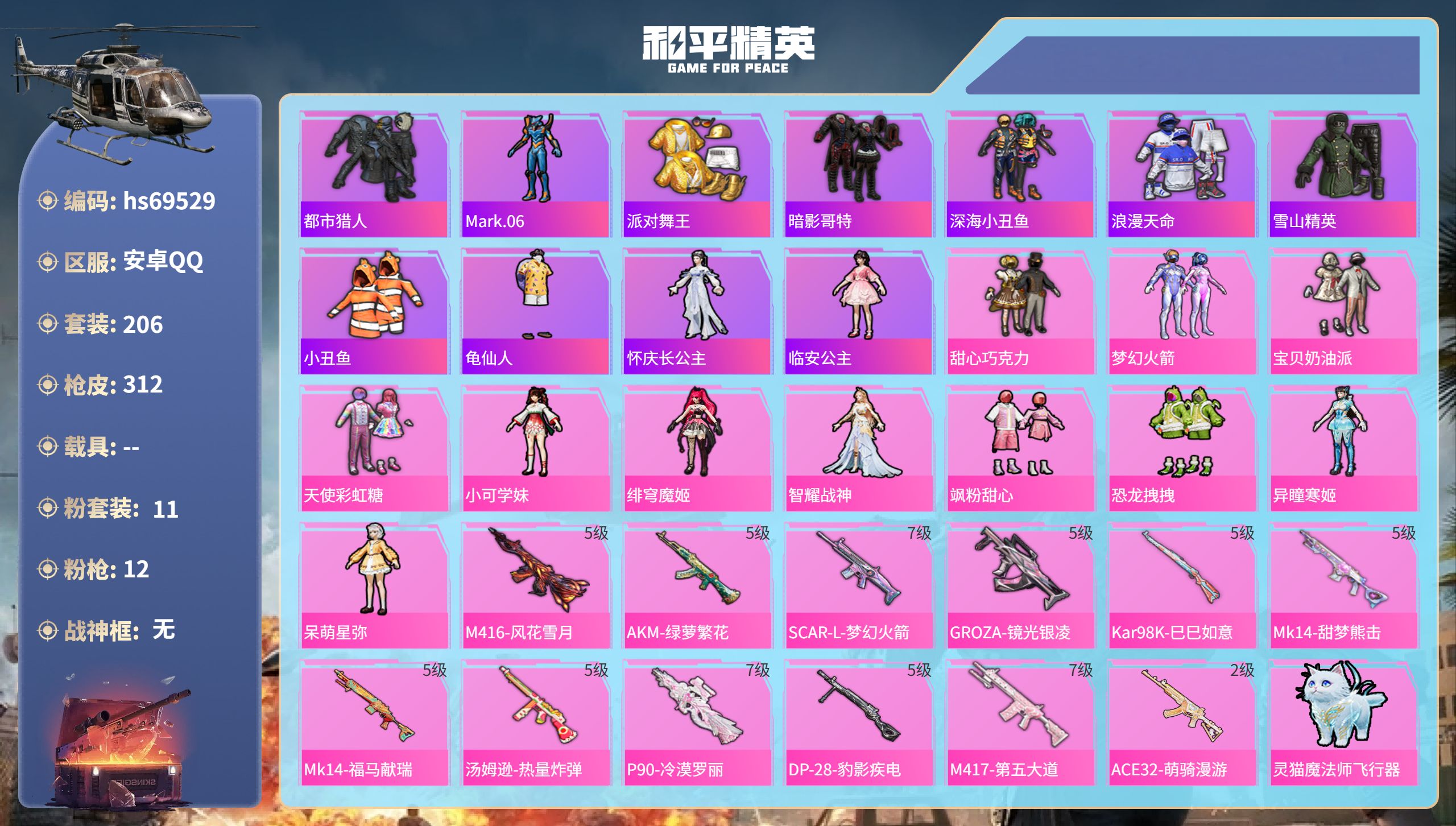 和平精英账号安卓QQ0载具-206套装-312枪皮-hs69529 安卓手Q-17王牌印记-11粉装-12特效枪-91776热力值-206套装-312枪皮-4卓越印记-1传奇印记
【11粉装】角色-智耀战神,角色-绯穹魔