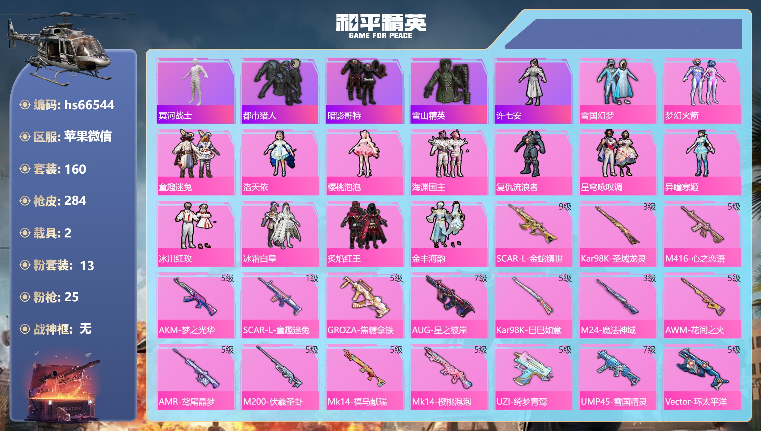 和平精英账号苹果微信2载具-160套装-284枪皮-hs66544 苹果微信-21王牌印记-13粉装-25特效枪-2载具-热力值-160套装-284枪皮-9卓越印记-4传奇印记
【13粉装】角色-异瞳寒姬,角色-洛天依,