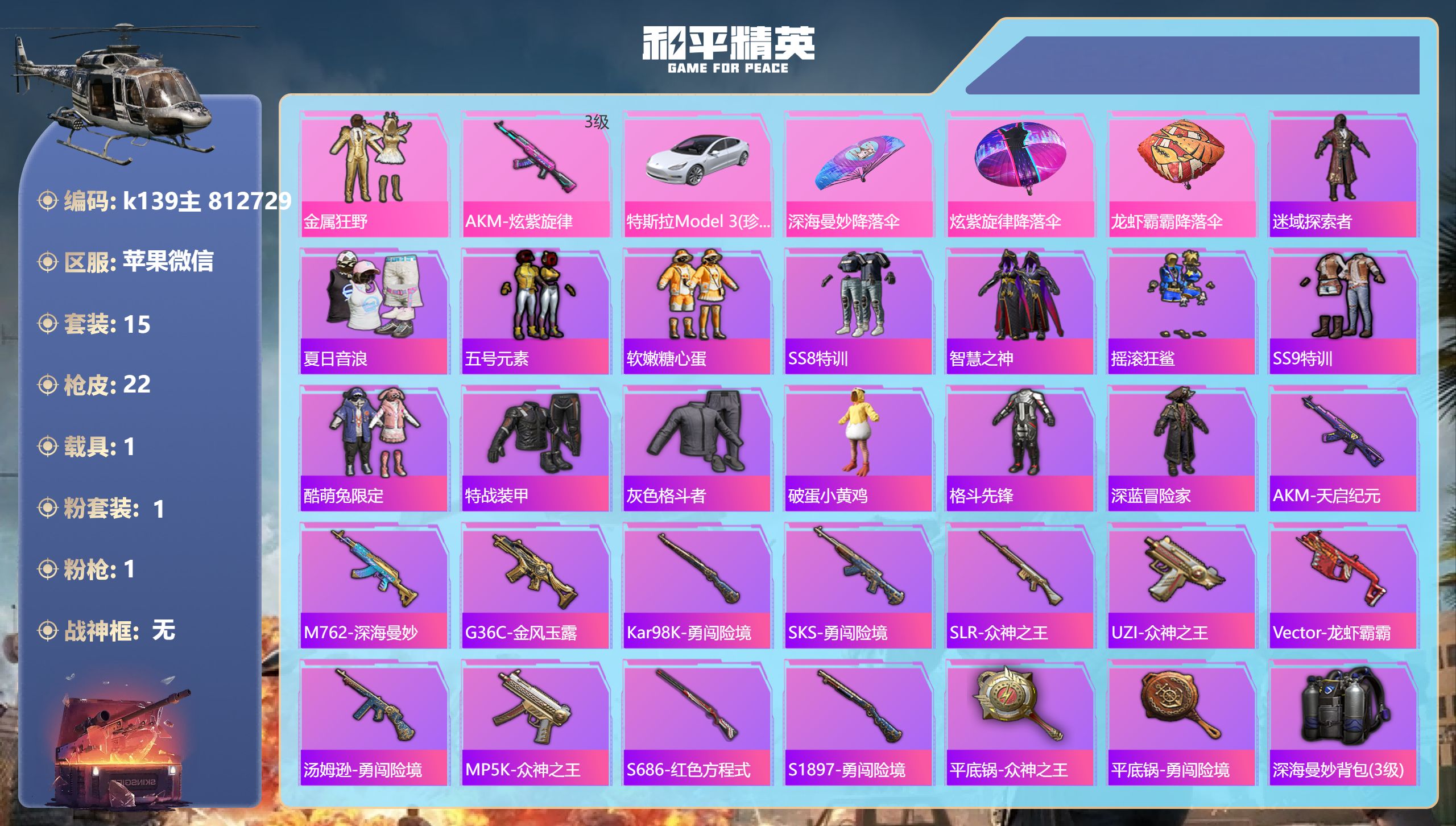 和平精英账号苹果微信1载具-15套装-22枪皮-苹果微信-0王牌印记-1粉装-1特效枪-1载具-8642热力值-15套装-22枪皮【1粉装】套装-金属狂野【1特效枪】AKM-炫紫旋律/3级【1稀有载具】特斯拉Model 