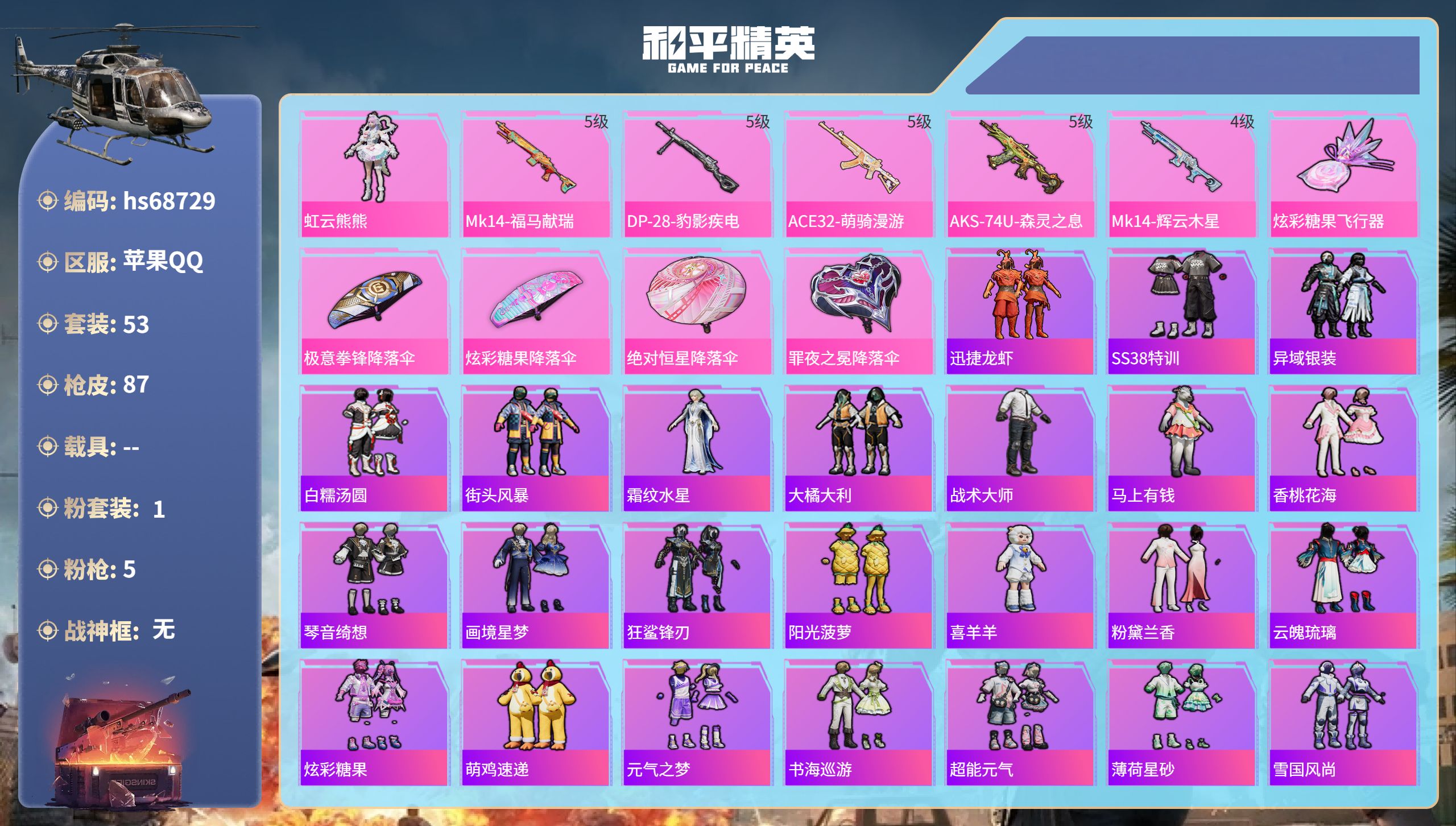 和平精英账号苹果QQ0载具-53套装-87枪皮-苹果手Q-3王牌印记-1粉装-5特效枪-20635热力值-53套装-87枪皮-3卓越印记【1粉装】角色-虹云熊熊【5特效枪】Mk14-辉云木星/4级,AKS-74U-森灵之