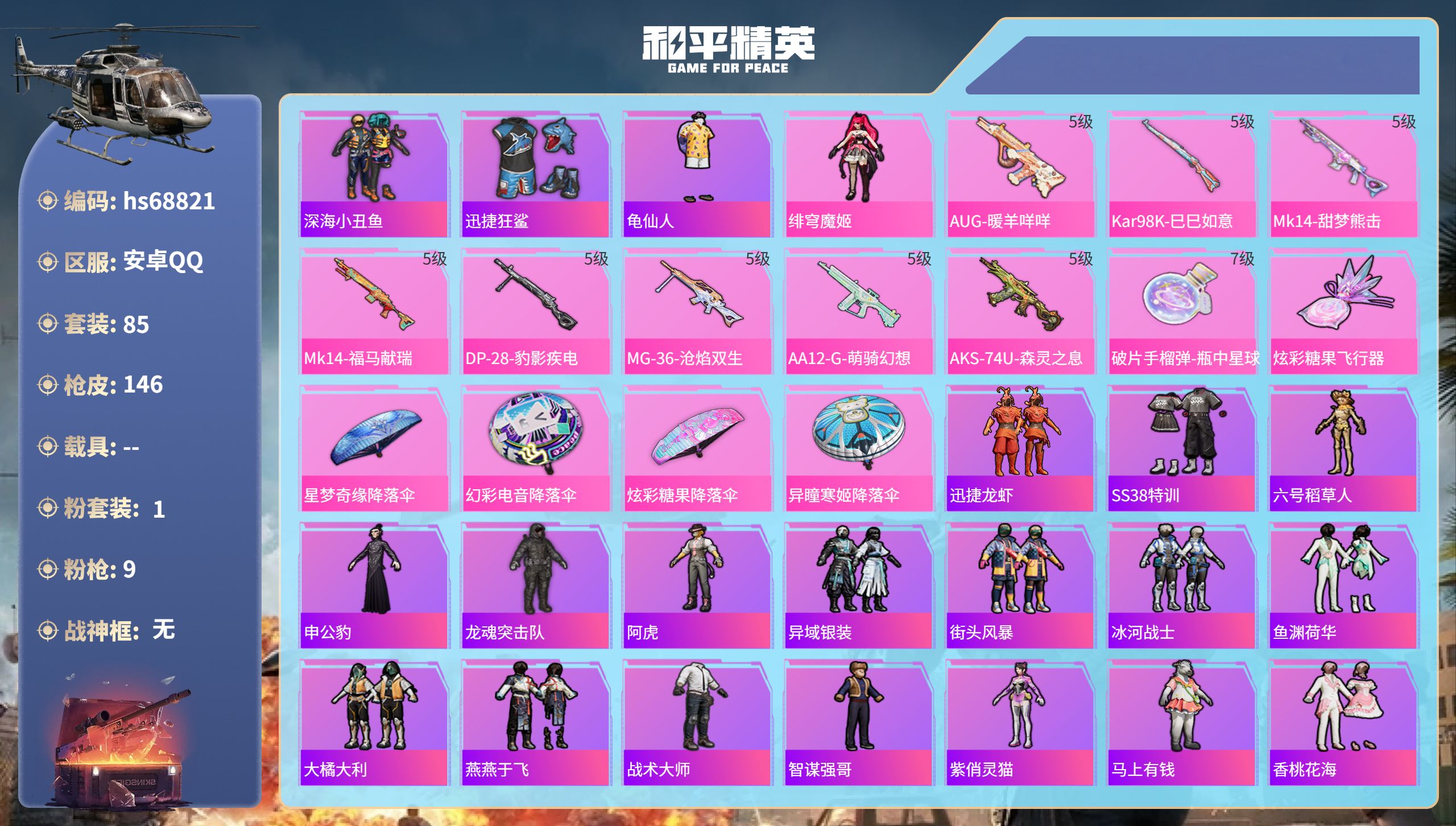 和平精英账号安卓QQ0载具-85套装-146枪皮-hs68821 安卓手Q-6王牌印记-1粉装-9特效枪-37573热力值-85套装-146枪皮
【1粉装】角色-绯穹魔姬
【9特效枪】AUG-暖羊咩咩/5级,Mk14-甜