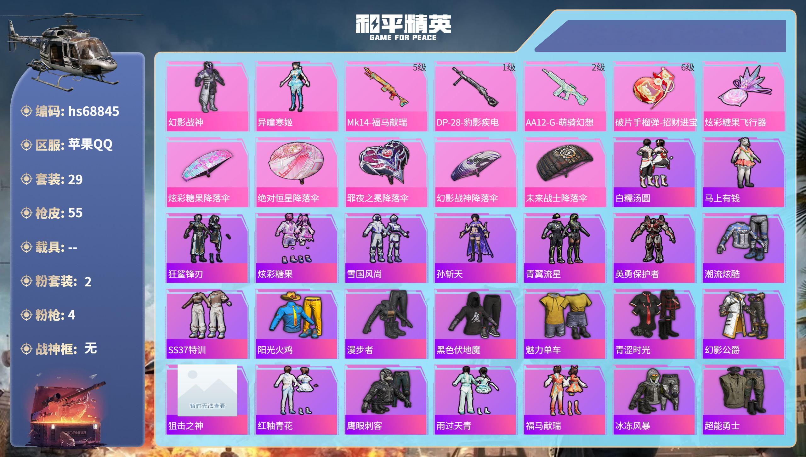 和平精英账号苹果QQ0载具-29套装-55枪皮-hs68845 苹果手Q-0王牌印记-2粉装-4特效枪-13023热力值-29套装-55枪皮
【2粉装】角色-异瞳寒姬,套装-幻影战神
【4特效枪】破片手榴弹-招财进宝/6